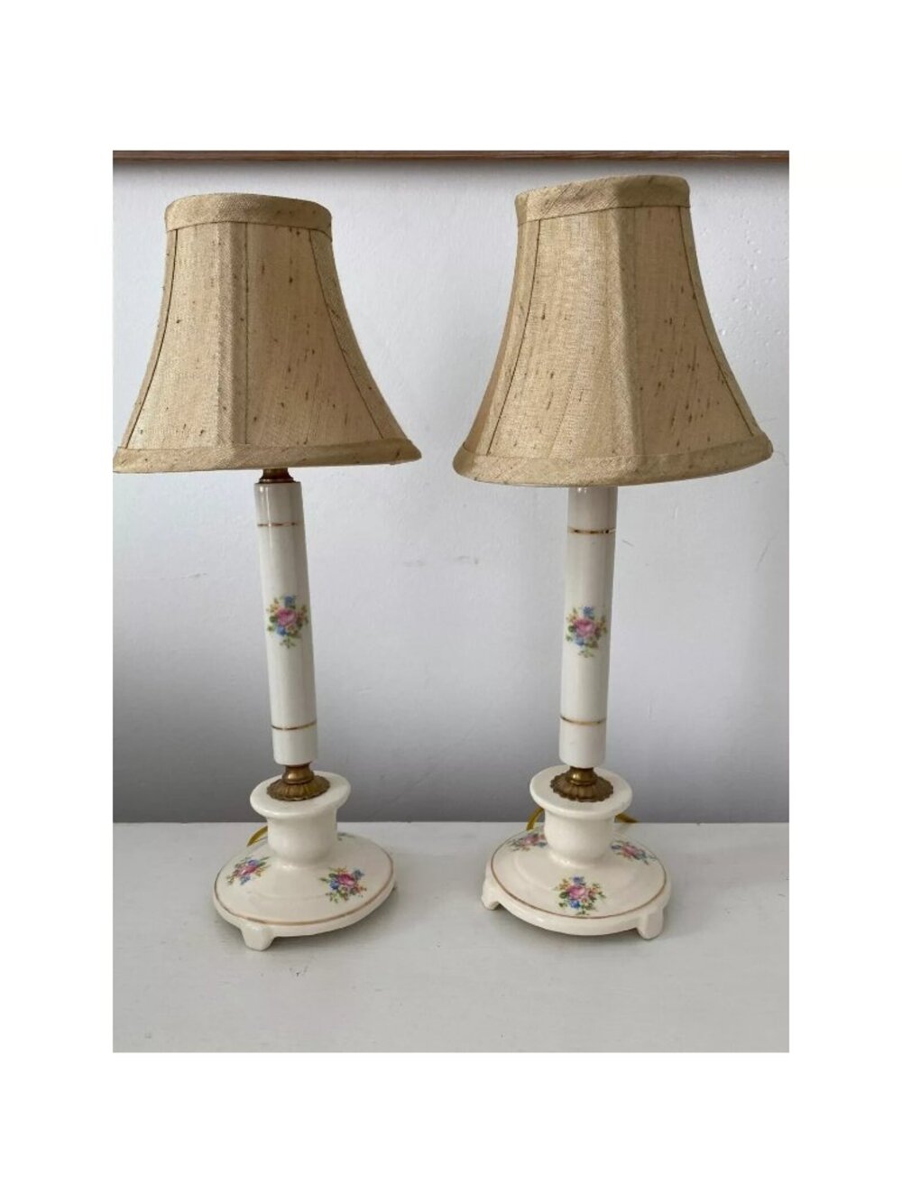 LOT of 2 Miniature Vanity Lamps Vintage Porcelan with Brass Accent